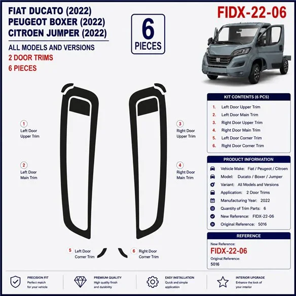 Fiat Ducato 2022 deuren 3D dashboard sierlijstset, 6 delen