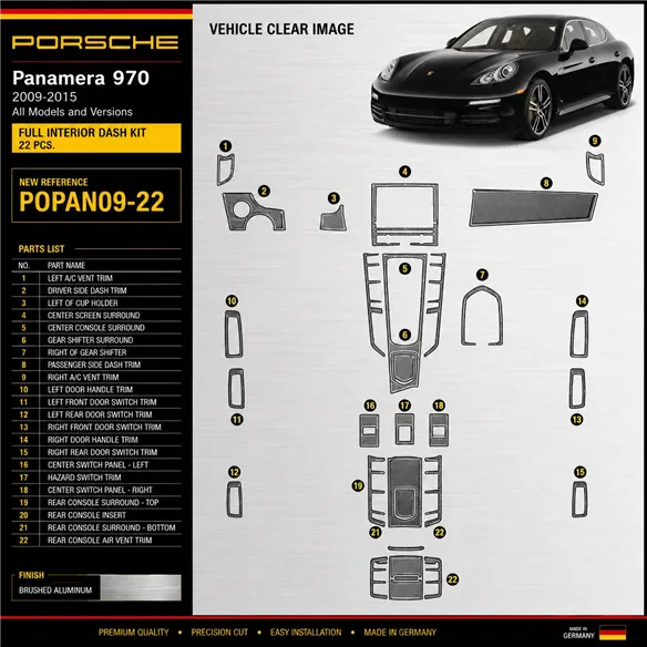 Porsche Panamera 2009-2015 kit 3D de molduras interiores para salpicadero 22 piezas