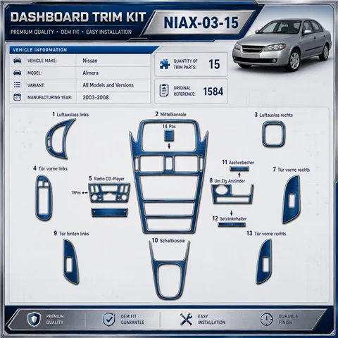 Nissan Almera 2003-2008 3D Cockpit Dekor Interieurleisten Set 15-teilig