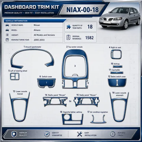Nissan Almera 2000-2003 kit 3D de molduras interiores para salpicadero 18 piezas
