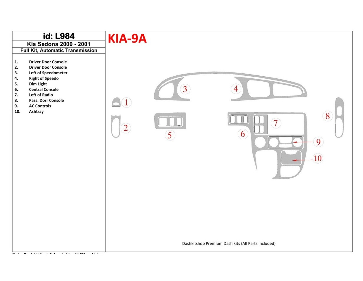 Kia Sedona 2000-2001 Full Set, Automatic Gear Interior BD Dash Trim Kit