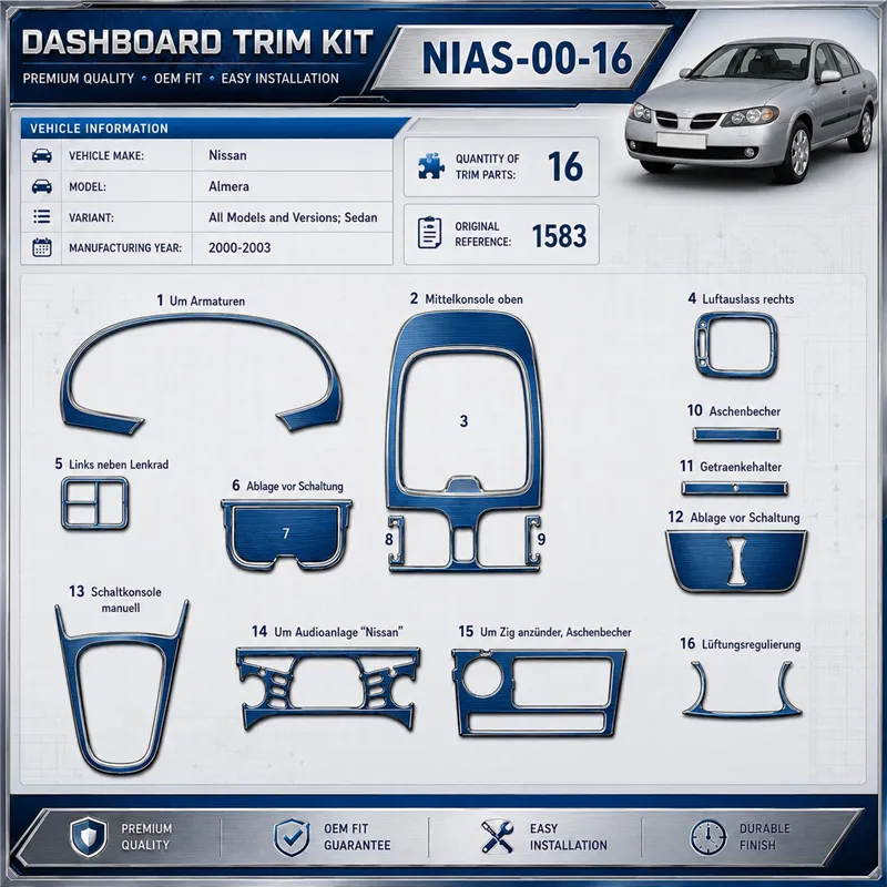 Nissan Almera Sedan 2000-2003 kit 3D de molduras interiores para salpicadero 16 piezas
