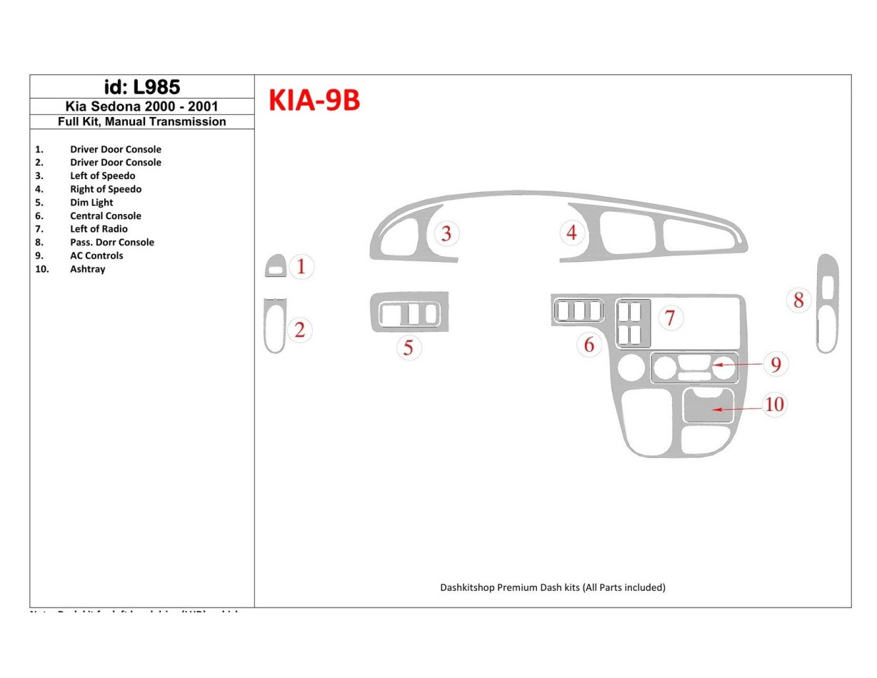 Kia Sedona 2000-2001 Full Set, Manual Gear Box Interior BD Dash Trim Kit