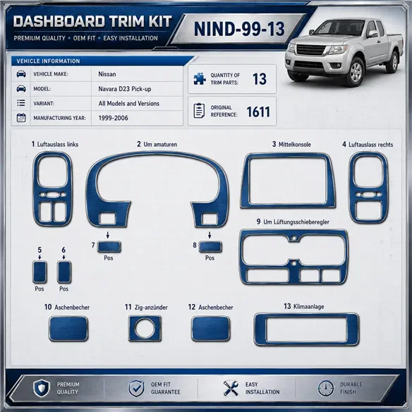 Nissan Navara D23 Pick-up 1999-2006 3D kit décoration intérieure tableau de bord 13 pièces