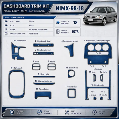 Nissan Micra 1998-2002 kit 3D de molduras interiores para salpicadero 18 piezas