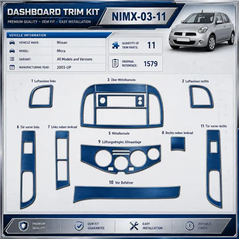 Nissan Micra 2003-UP 2009-UP 3D Interior Dashboard Trim Kit Dash Trim Dekor 11-Parts