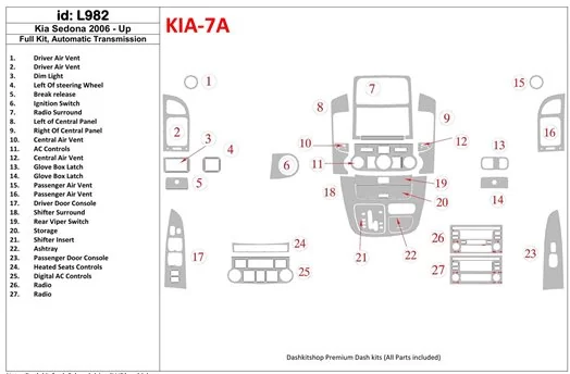 Kia Sedona 2006-UP Full Set, Automatic Gear BD Interieur Dashboard Bekleding Volhouder
