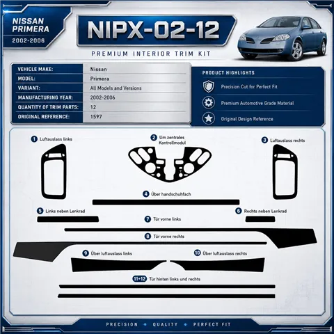 Nissan Primera 2002-2006 3D interieur dashboard decoratieset dashboard decor 12-delen
