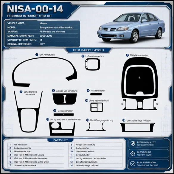 Nissan Sunny-Almera Arabian 2000-2003 3D Interior Dashboard Trim Kit Dash Trim Dekor 14-Parts