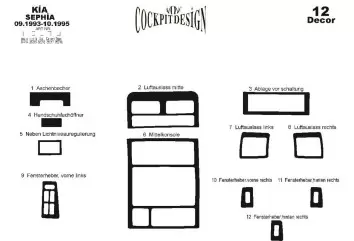 Kia Sephia 09.93 - 05.953D Inleg dashboard Interieurset aansluitend en pasgemaakt op he 12 -Teile