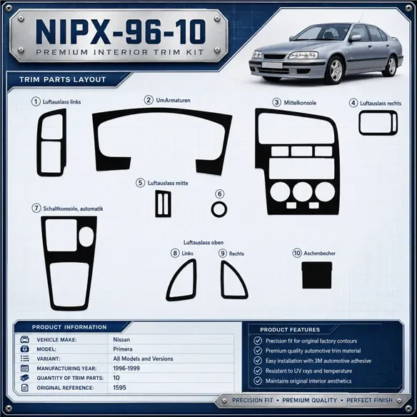 Nissan Primera 1996-1999 kit 3D de molduras interiores para salpicadero 10 piezas