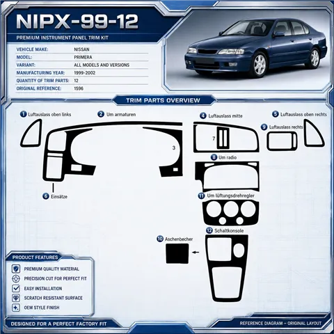 Nissan Primera 1999-2002 3D Interior Dashboard Trim Kit Dash Trim Dekor 12-Parts