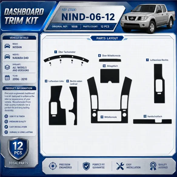 Nissan Navara D40 2006-2010 kit 3D de molduras interiores para salpicadero 12 piezas