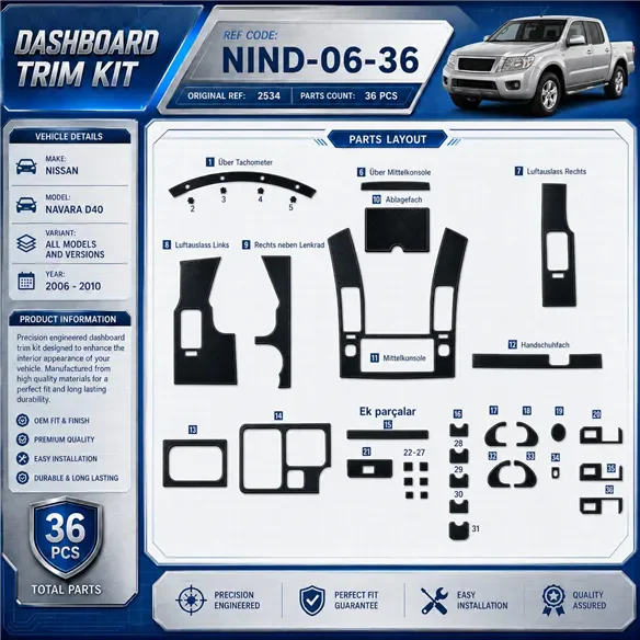 Nissan Navara D40 2006-2010 kit 3D de molduras interiores para salpicadero 36 piezas