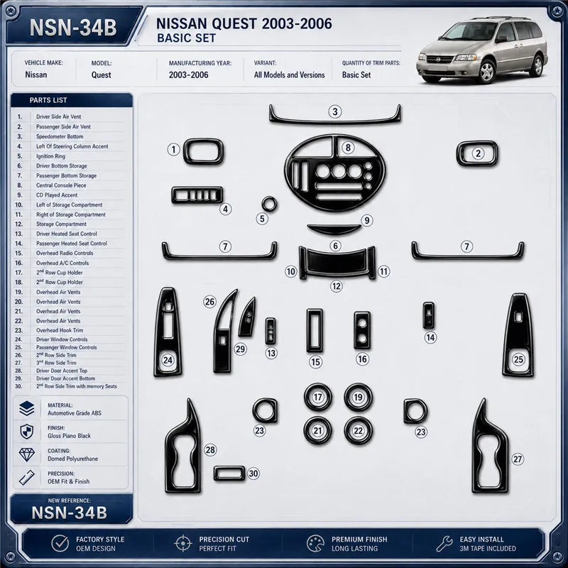 Nissan Quest 2003-2006 Basic Set interieur dashboard decoratieset dashboard decor