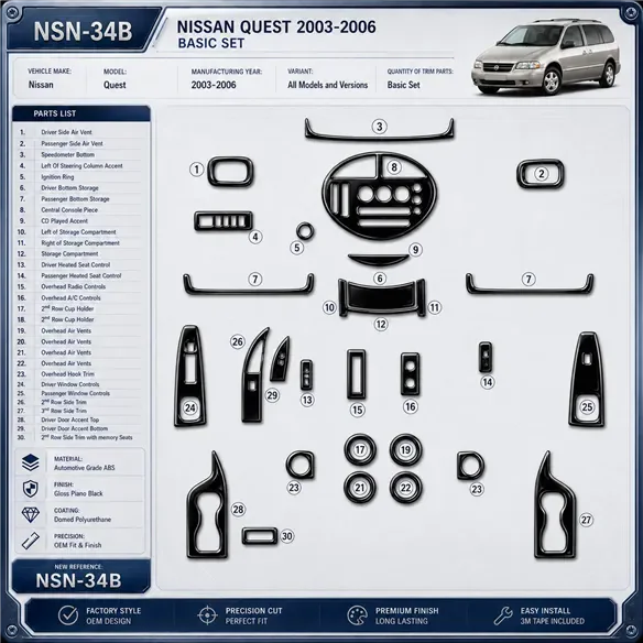 Nissan Quest 2003-2006 Basic Set interieur dashboard decoratieset dashboard decor