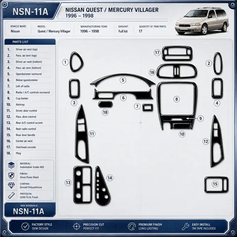 Nissan Quest 1996-1998 kit complet, 17 pièces kit décoration intérieure tableau de bord