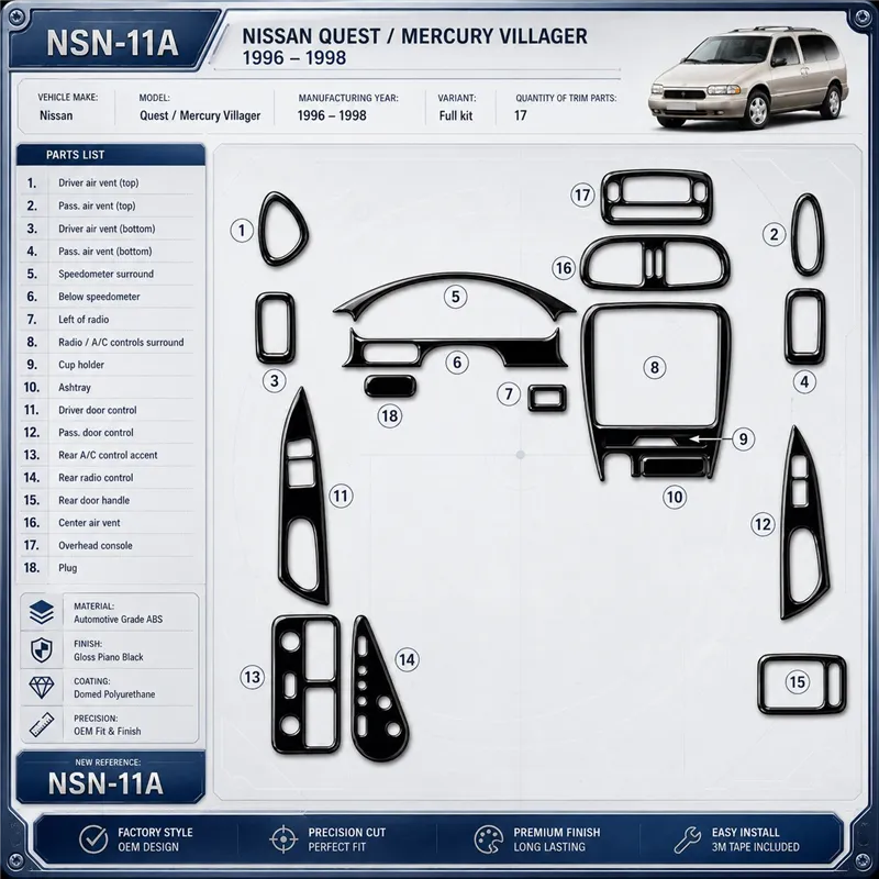 Nissan Quest 1996-1998 Full Set, 17 delen set interieur dashboard decoratieset dashboard decor
