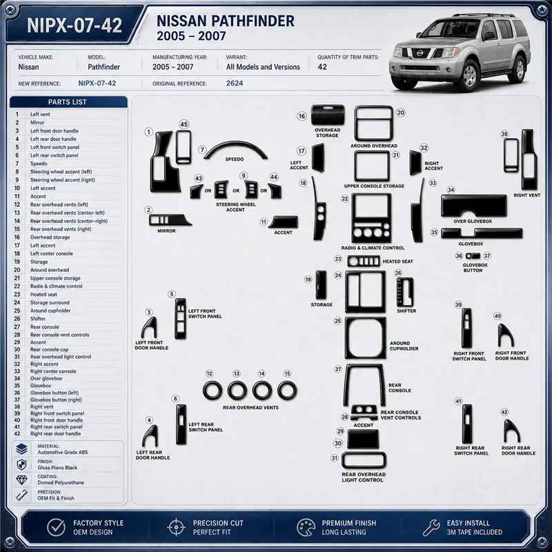 Nissan Pathfinder2005-2007 kit 3D de molduras interiores para salpicadero 42 piezas