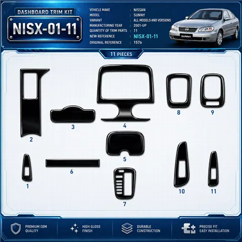 Nissan Sunny 2001-UP 3D Interior Dashboard Trim Kit Dash Trim Dekor 11-Parts