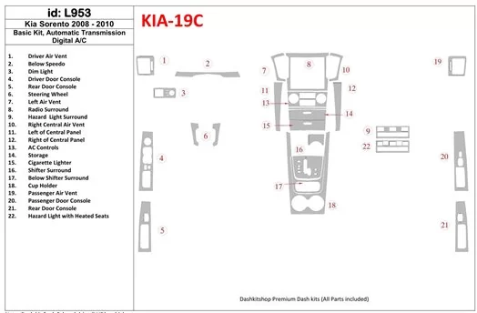 KIA Sorento 2008-2010 Basic Set, Automatic Gear, Without Heated Seats Interior BD Dash Trim Kit