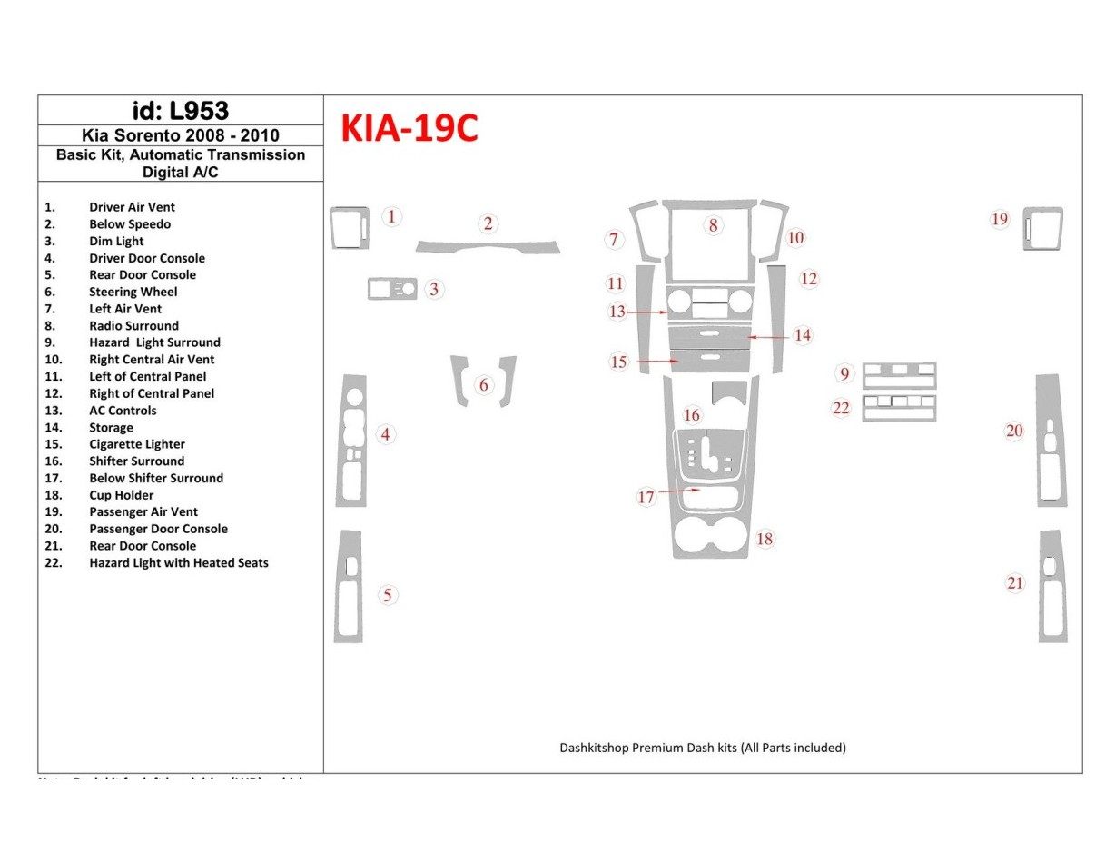 KIA Sorento 2008-2010 Paquet de base, Boîte automatique, Sans Heated Seats BD Kit la décoration du tableau de bord - 1 - habilla