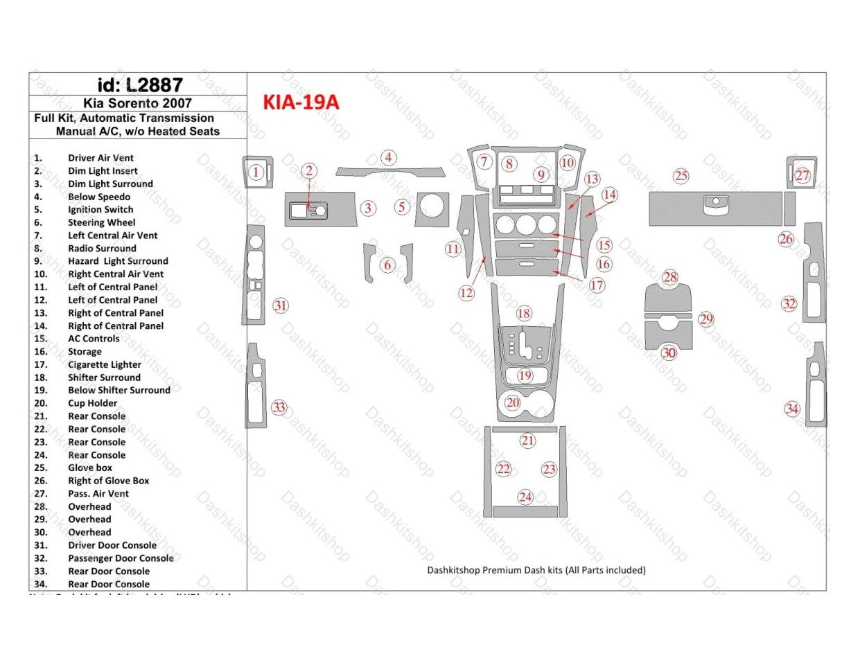 KIA Sorento 2008-2010 Ful Kit, Boîte automatique, Sans Heated Seats BD Kit la décoration du tableau de bord - 1 - habillage deco