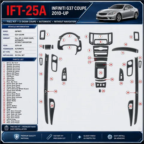 Infiniti G37 2010-in poi 2-Door Coupe; cambio automatico,senza navigatore kit rivestimento cruscotto e interni 3D