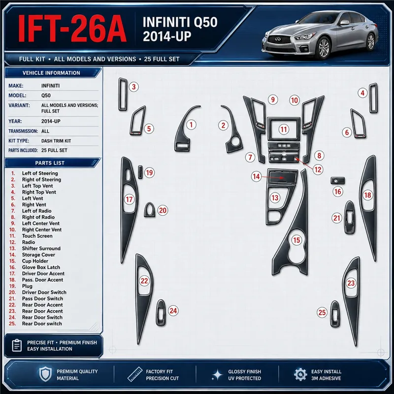 Infiniti Q50 2014-UP Full Set Interior Dashboard Trim Kit Dash Trim Dekor