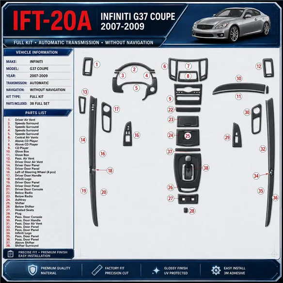 Infiniti G37 2007-2009 Full Set, Automatic Gear, Without NAVI Interior Dashboard Trim Kit Dash Trim Dekor
