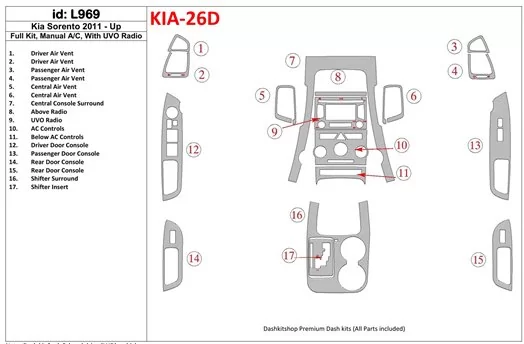 KIA Sorento 2011-UP Full Set, Aircondition, With UVO Radio Interior BD Dash Trim Kit