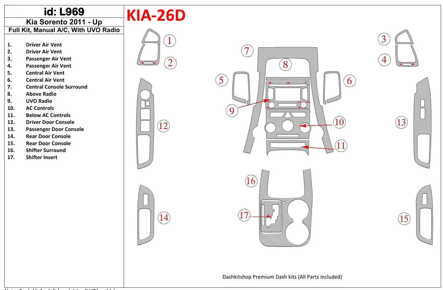 KIA Sorento 2011-UP Full Set, Aircondition, With UVO Radio Interior BD Dash Trim Kit