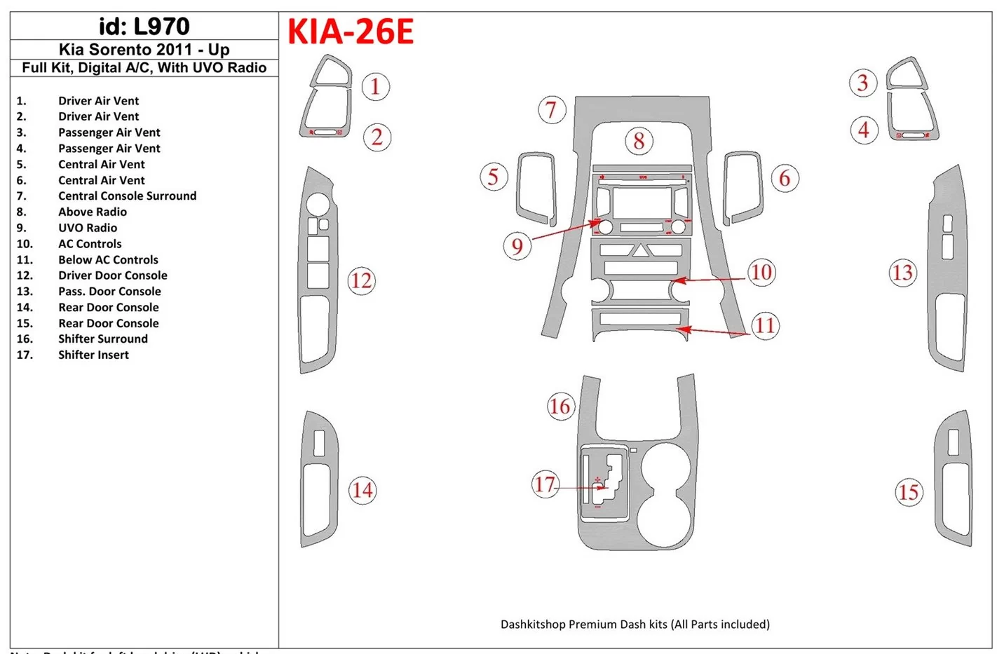 KIA Sorento 2011-UP Full Set, Climate-Control, With UVO Radio Interior BD Dash Trim Kit