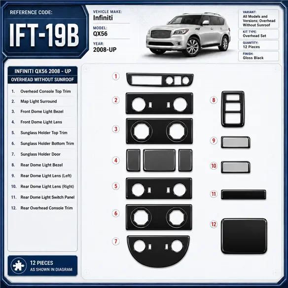 Infiniti QX56 2008-Actualidad Overhead Without Sunroof kit de molduras interiores para salpicadero