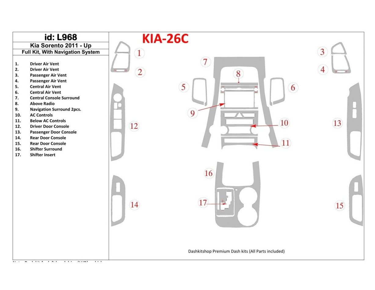KIA Sorento 2011-UP Ensemble Complet, Avec NAVI system BD Kit la décoration du tableau de bord - 1 - habillage decor de tableau 