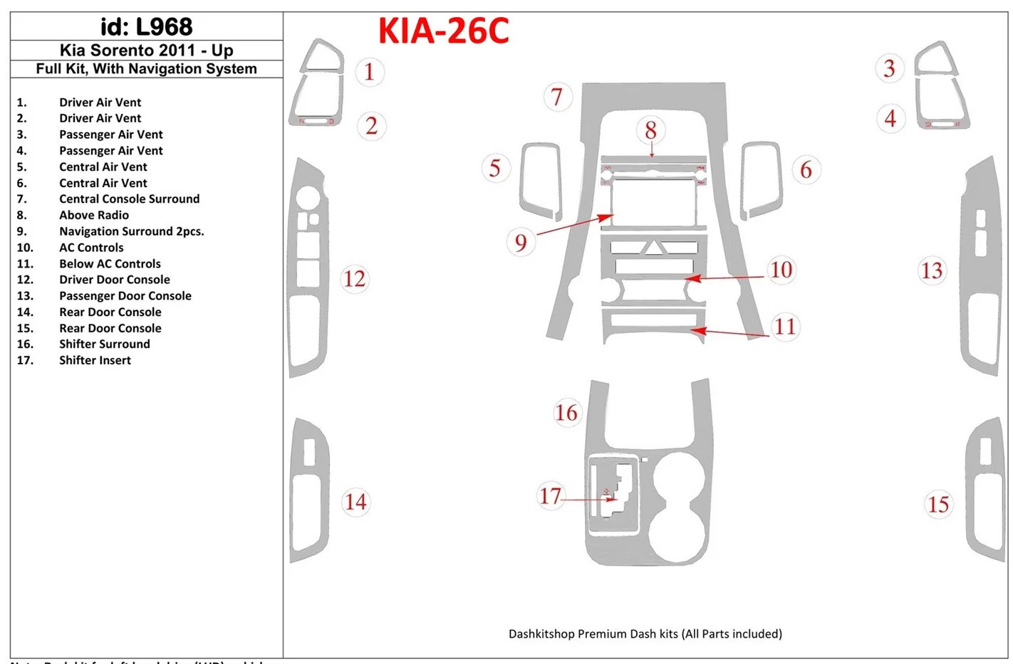 KIA Sorento 2011-UP Full Set, With NAVI system Interior BD Dash Trim Kit