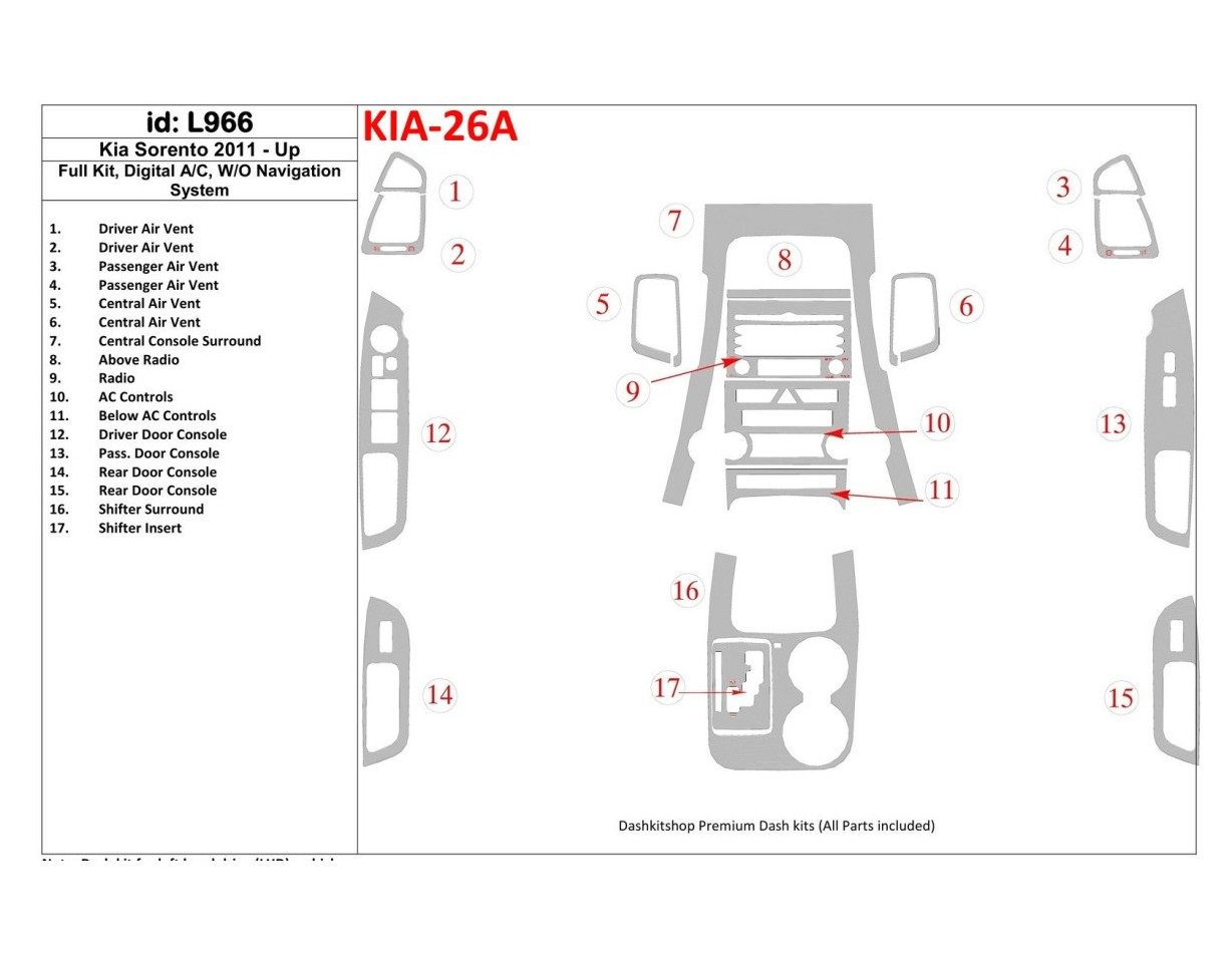 KIA Sorento 2011-UP Ensemble Complet, Sans NAVI system BD Kit la décoration du tableau de bord - 1 - habillage decor de tableau 