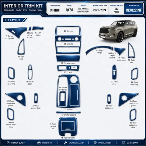 Infiniti QX80 2020-2024 Interior Dashboard Trim Kit Dash Trim Dekor 26 Parts