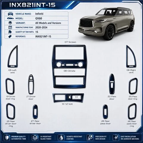 Infiniti QX80 2020-2024 kit rivestimento cruscotto e interni 3D 15 pezzi