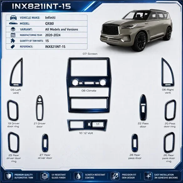 Infiniti QX80 2020-2024 kit de molduras interiores para salpicadero 15 piezas