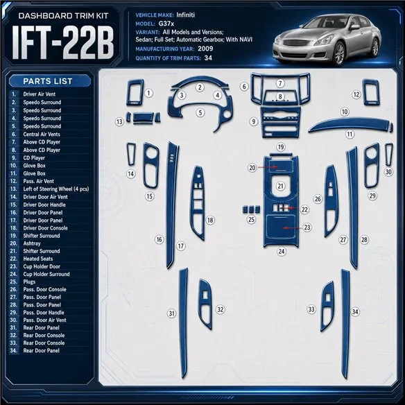 Infiniti G37x Sedan 2009-2009 juego completo, Automatic Gear, con navegador kit de molduras interiores para salpicadero