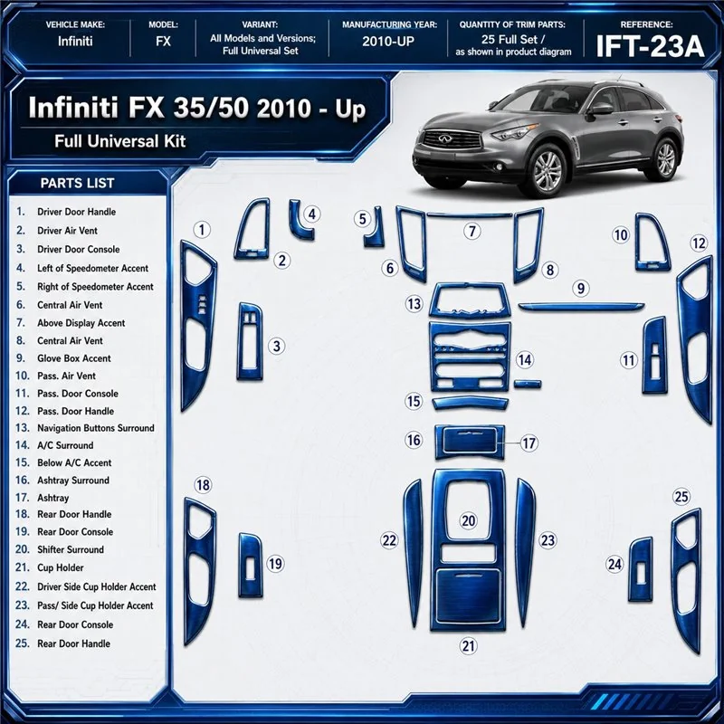 Infiniti FX 2010-in poi Full Universal Set kit rivestimento cruscotto e interni 3D
