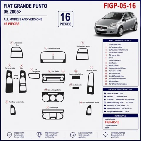 Fiat Grande Punto 2005+ 3D dashboard sierlijstset, 16 delen 2
