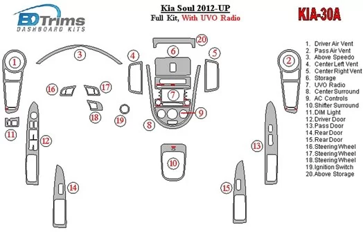 Kia Soul 2012-UP Voll Satz With UVO Radio BD innenausstattung armaturendekor cockpit dekor - 1- Cockpit Dekor Innenraum