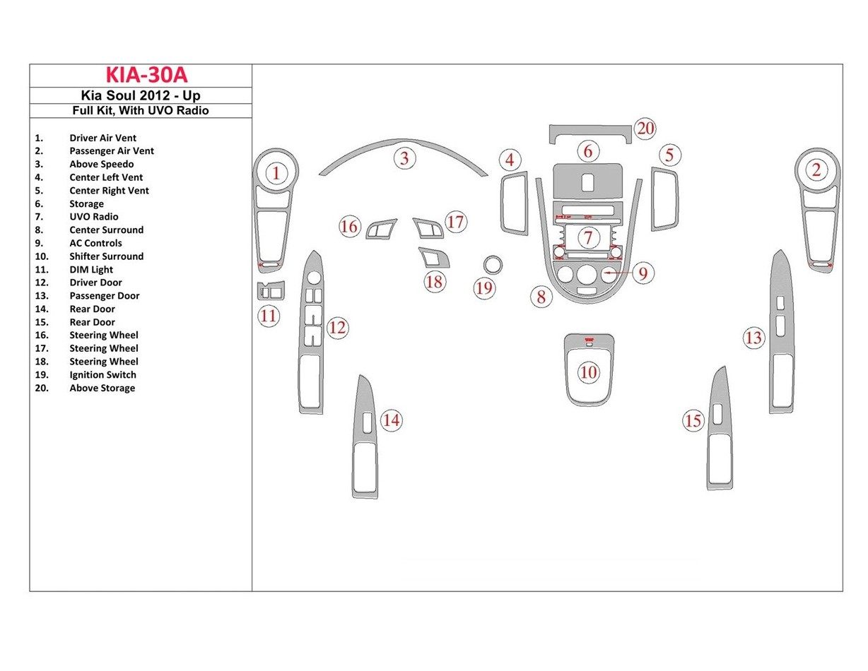 Kia Soul 2012-UP Full Set With UVO Radio Decor de carlinga su interior