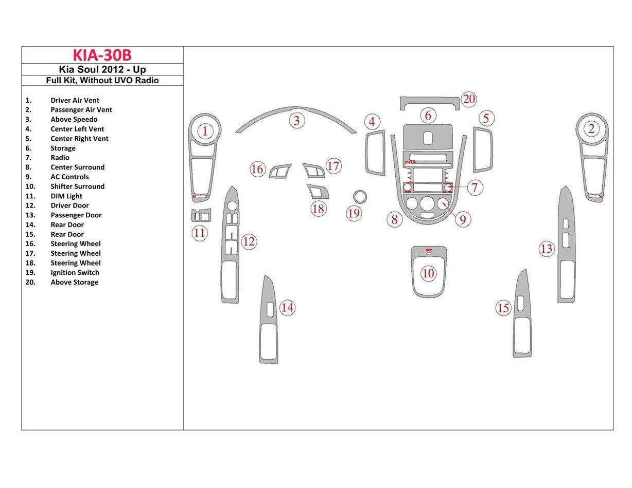 Kia Soul 2012-UP Full Set Without UVO Radio BD Interieur Dashboard Bekleding Volhouder
