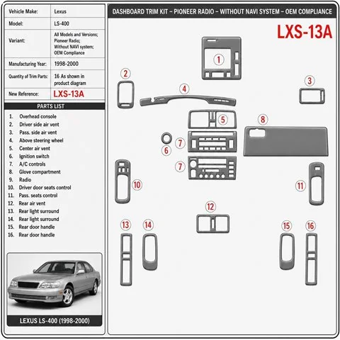 Lexus LS-400 1998-2000 Pioneer Radio, sin navegador system, compatibilidad OEM kit de molduras interiores para salpicadero