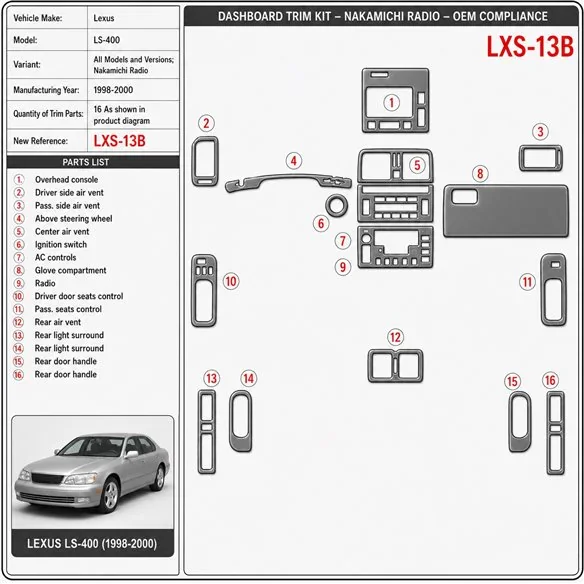 Lexus LS-400 1998-2000 3D Cockpit Dekor Interieurleisten Set As shown in product diagram-teilig