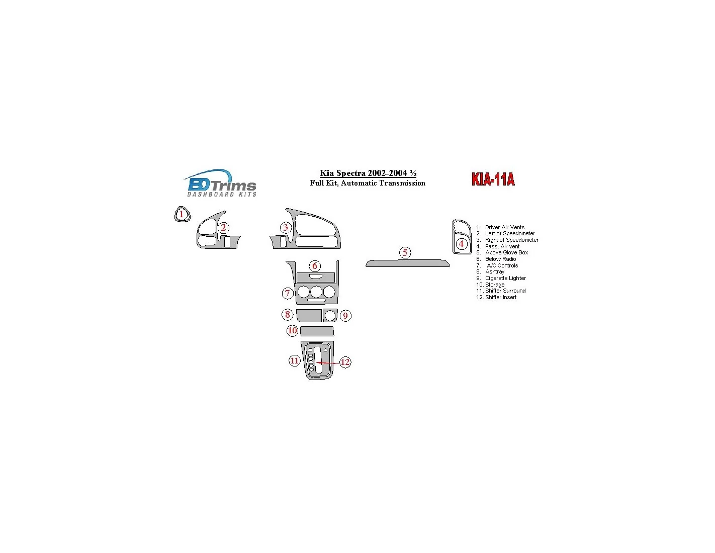 Kia Spectra 2002-2004 Full Set, Automatic Gear Interior BD Dash Trim Kit