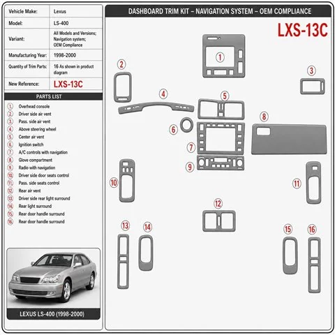 Lexus LS-400 1998-2000 Navigation system, compatibilidad OEM kit de molduras interiores para salpicadero